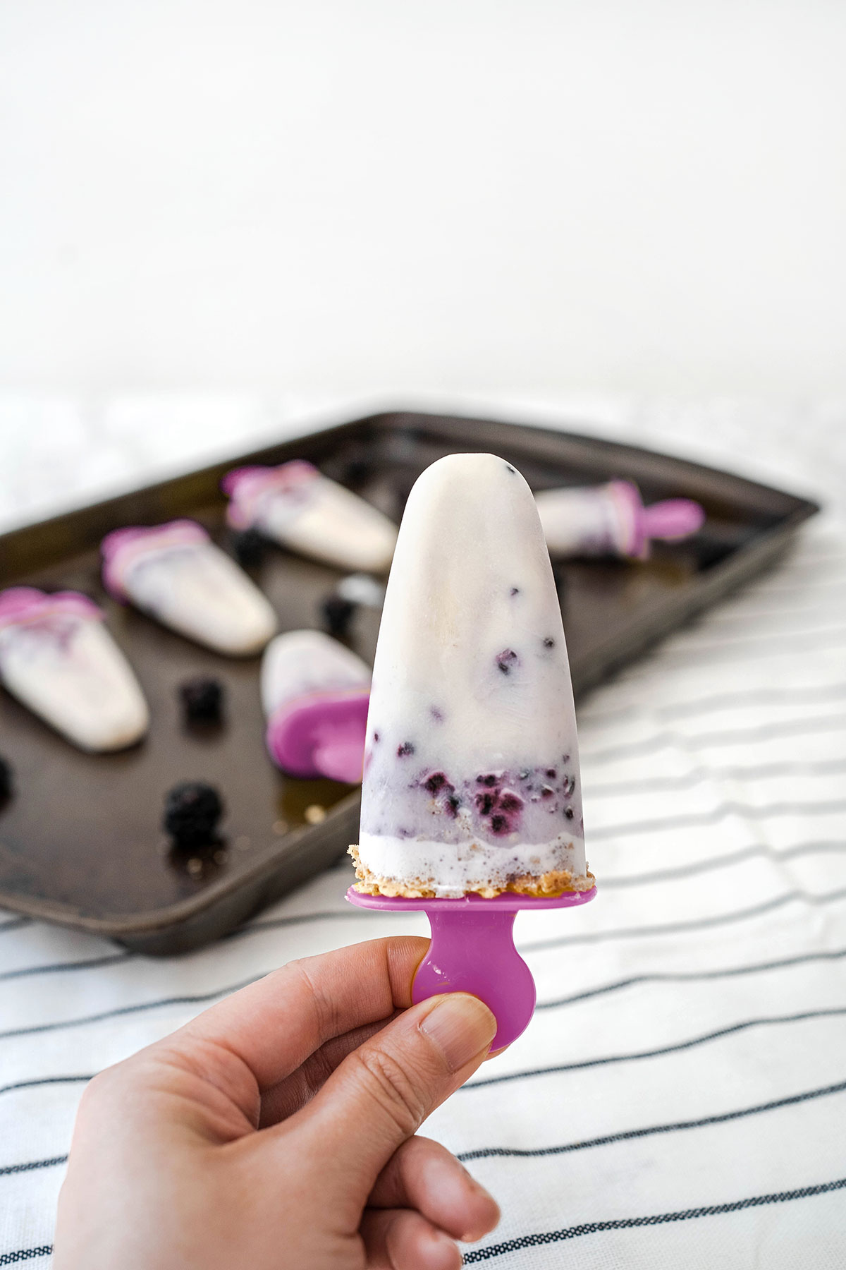 blackberry cheesecake popsicle hand holding