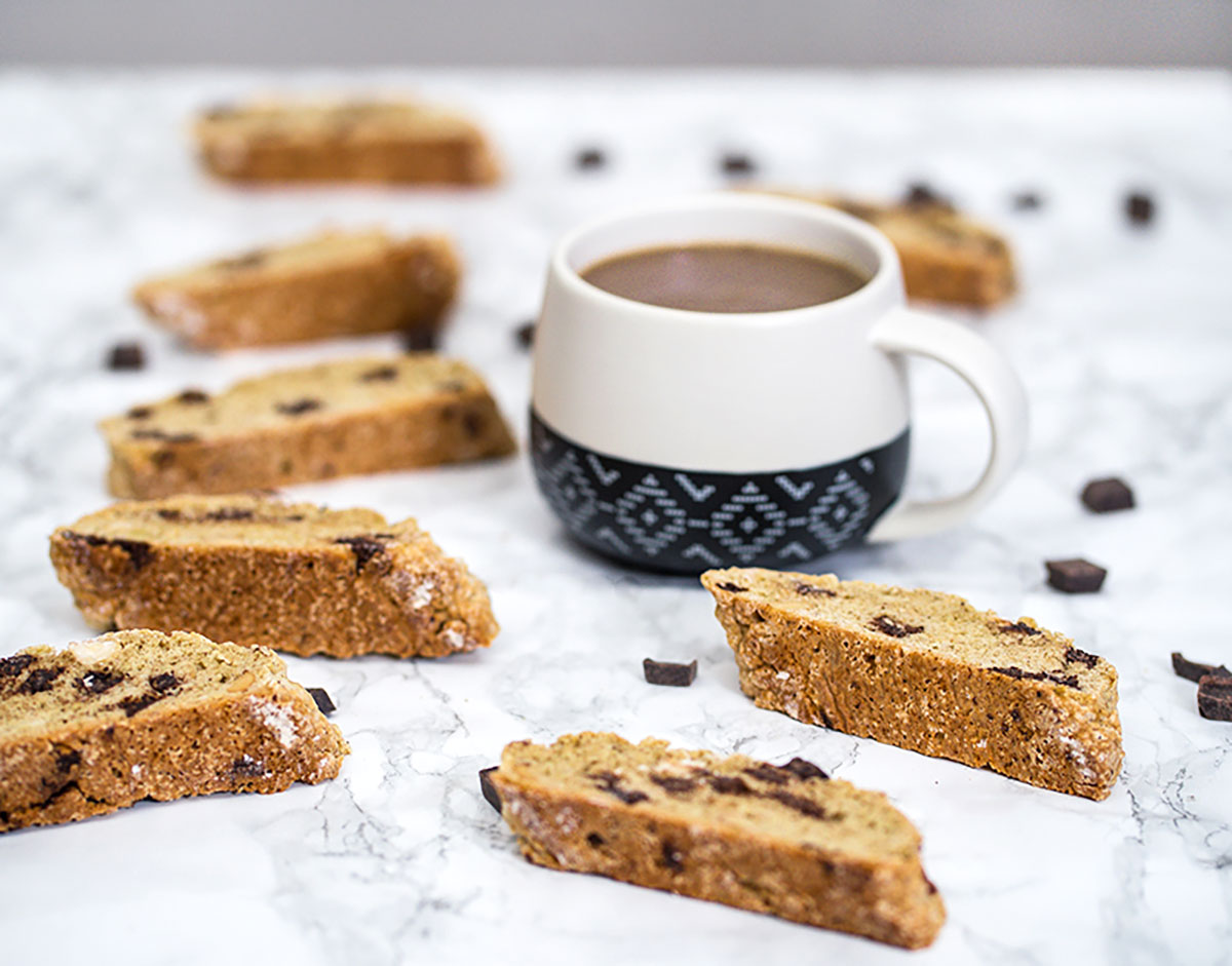 mocha chip biscotti cookie with coffee