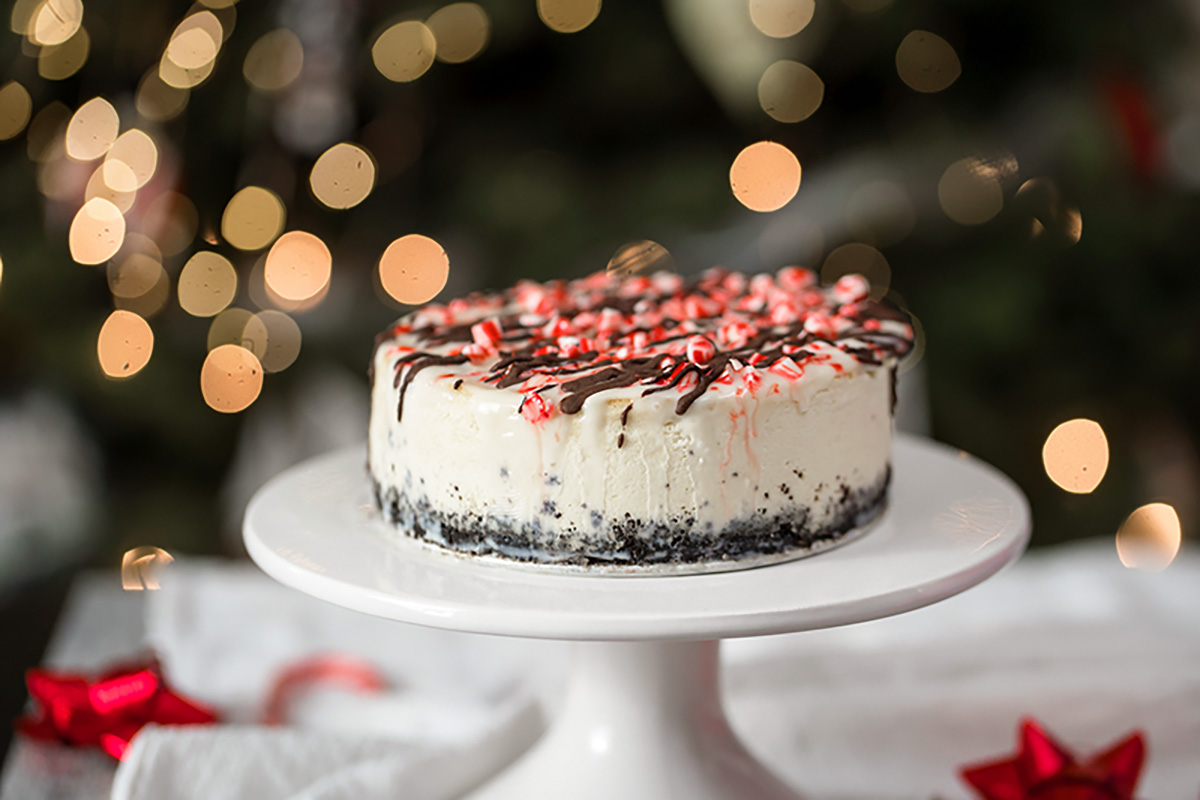 white chocolate peppermint cheesecake close up